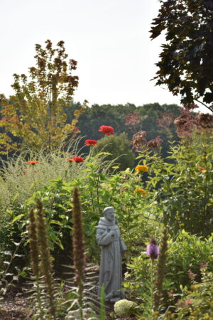 statue of St. Francis of Assisi in the Angela Hospice butterfly garden